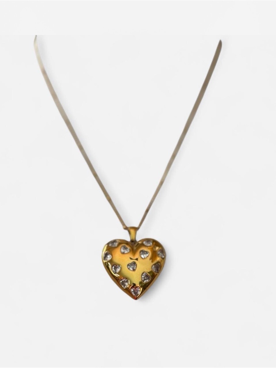 Gold Heart Pendant Necklace With Crystal Accents